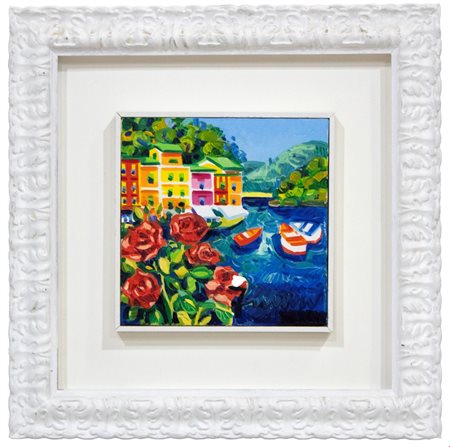 Athos Faccincani, Portofino e rose, primi anni Duemila, Olio su tela, cm...