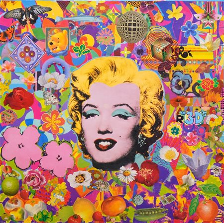 Felipe Cardena, Marylin pop flowers, 2018, Collage e acrilico su tela, cm...