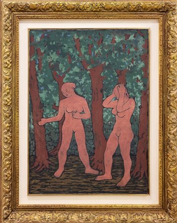 Felice Casorati, Nudi (in piedi) nel bosco, 1961, Tempera su carta intelata,...