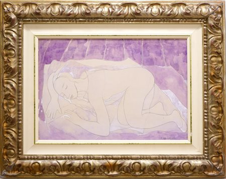 Felice Casorati, Nudino viola, 1962, Tecnica mista su carta riportata su...