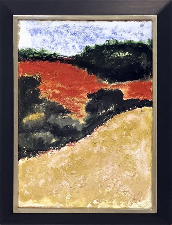 Carlo Mattioli, Paesaggio, anni Novanta, Tempera su carta intelata, cm 55x35,...