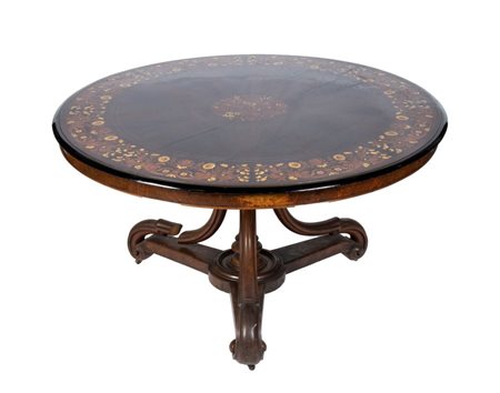  
Tavolo Vittoriano inglese intarsiato XIX secolo
 Altezza x diametro: 72 x 130 cm