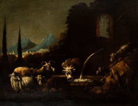 AMBITO DI DOMENICO BRANDI  
Scena bucolica XVIII secolo
oil Altezza x larghezza: cornice 122 x 96 cm; telaio 112 x 85 cm.