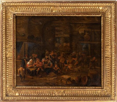 Elisabeth Seldron (Belgio, 1674 - 1761) 
Interno di taverna XVIII secolo
Olio su tela applicata su tavola, 20 x 30 cm Altezza x larghezza: 35 x 44 cm.