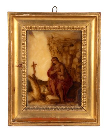  
Maria Maddalena penitente in alabastro Italia, XVII secolo
Alabastro dipinto Altezza x larghezza con cornice: 32 x 26 cm. Peso: 1265 gr.