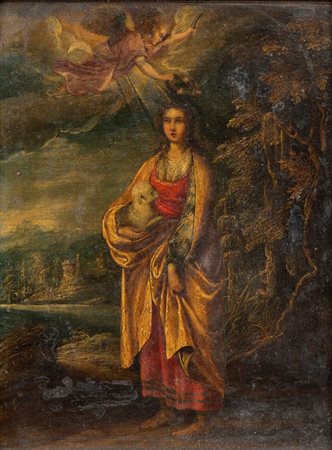  
San'Agnese con angelo Scuola italiana, inizio XX secolo
Olio su tela applicata su masonite 41 x 37 cm