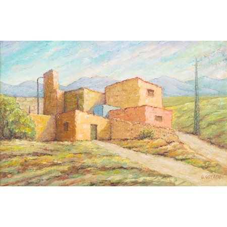 G. GUERCIO, Paesaggio con caseggiato, Olio su tela