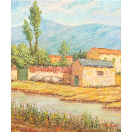 G. GUERCIO, Paesaggio montano con caseggiato, Olio su tela