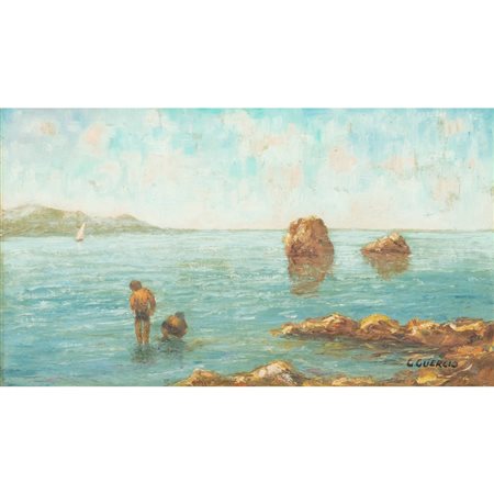 G. GUERCIO, Paesaggio marino con figure, Olio su tela