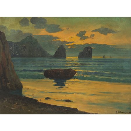 A. COLOMBO, Faraglioni al tramonto, Olio su cartone