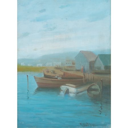 V. ALBERICI, Molo e caseggiato, Olio su tela