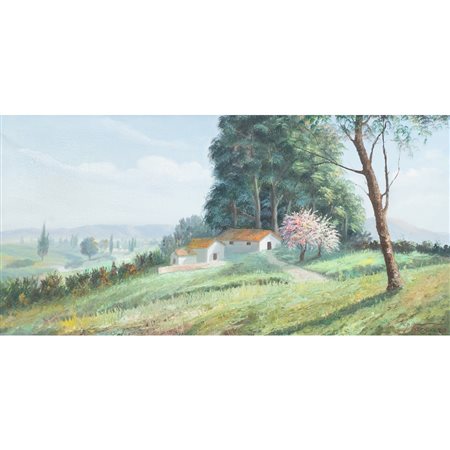 PIETRO VACCARO, Paesaggio con caseggiato, Olio su tela