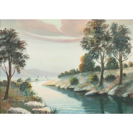 PIETRO VACCARO, Paesaggio fluviale, Olio su tela