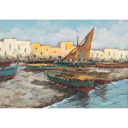 RAFFAELE CAIAZZO, Paesaggio con barche a secco, Olio su tela