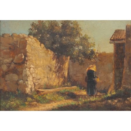 PITTORE DEL XX SECOLO, Figura in cortile, Olio su cartone