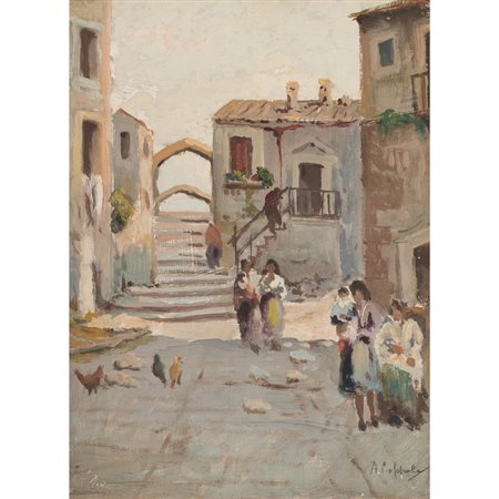 A. COPPOLA, Scorcio di paese, Olio su tavoletta