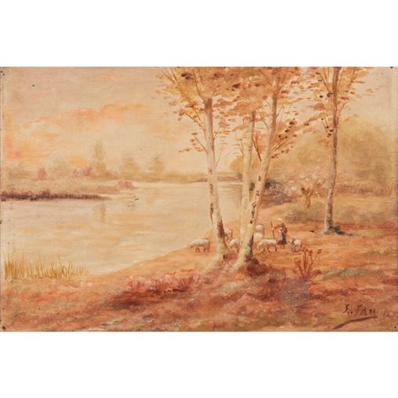 PITTORE DEL XX SECOLO, Paesaggio fluviale, Olio su tela