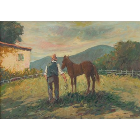 PITTORE DEL XX SECOLO, Uomo e cavallo, Olio su tela