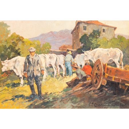 CARLO DOMENICI, Buoi al pascolo, Olio su tavoletta