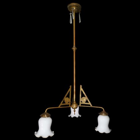 Lampadario 12 Decò a tre luci con vetri in opaline bianco a tulipano, Primi 20° secolo