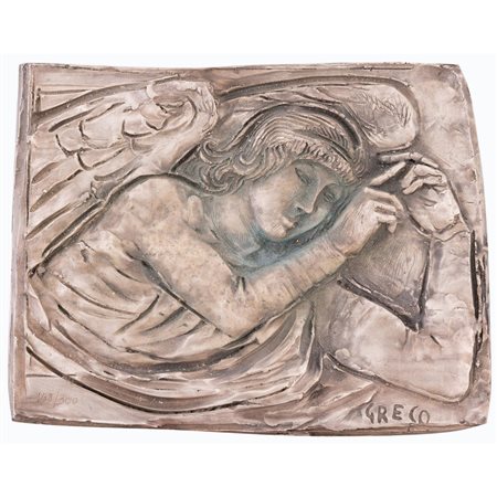 EMILIO GRECO, Angelo, Bassorilievo in bronzo argentato