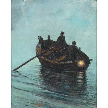 GINO MERIGHI, Marina con pescatori notturno, Olio su faesite
