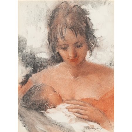 ALDO PARMIGIANI, Giovane madre, Tecnica mista su carta