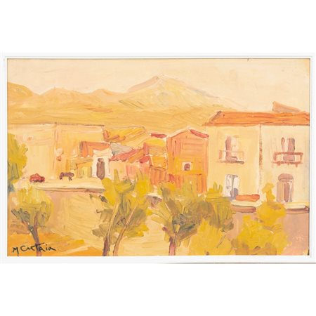 MICHELE CUTAIA, Piazza di paese, Olio su masonite