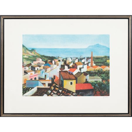 RENATO GUTTUSO, Tetti di Palermo, Incisione a colori
