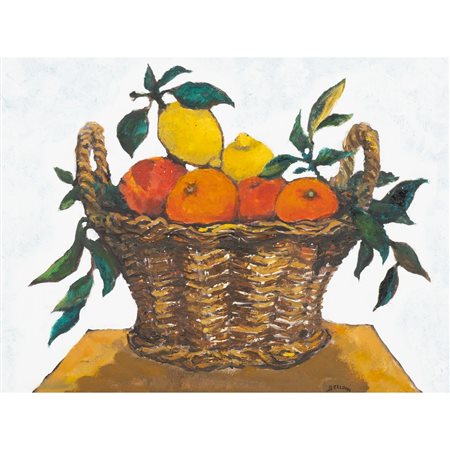 EDOARDO BELLOMO, Cesto con agrumi, Olio su tela