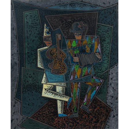 PIPPO ORIANI, Arlecchino e Pulcinella, Encausto su cartone