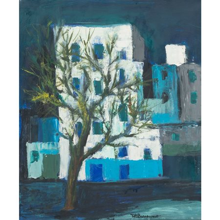 TOTÒ BONANNO, Case e albero, Olio su tela