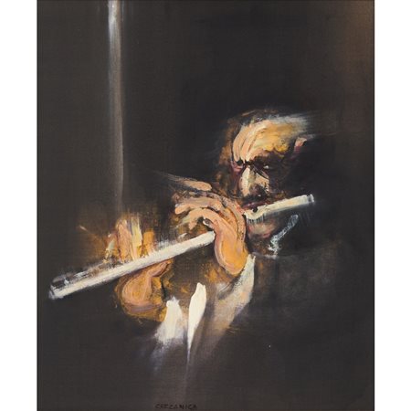 G. CAZZANIGA, Jazz man, flauto traverso, Olio su tela