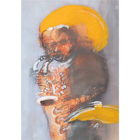 GIANCARLO CAZZANIGA, Jazz man, sax, Tecnica mista su carta