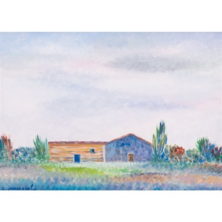 GIOVANNI OMICCIOLI, Casa e capanno, Olio su cartone