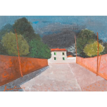 BEPPE GUZZI, Strada e caseggiato, Olio su tela