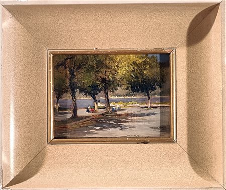 BROGGI MARIO Milano (Mi) 1890 Lungo lago a Bellaggio Olio su tavoletta...