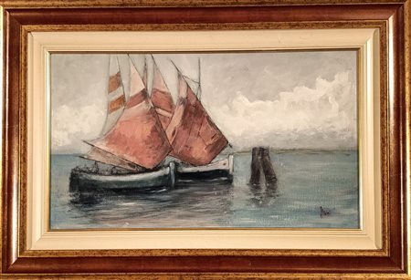 MARI MARIO ANGELO Milano (Mi) 1945 Bragozzi in laguna 2014 Olio su tavola...