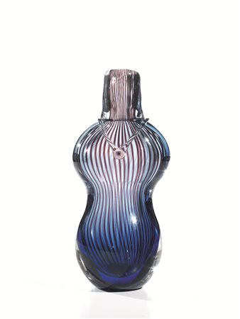 Fratelli Toso - MuranoVASOvetro azzurro con righe verticali bordeaux e...