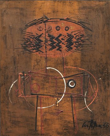 Roberto Crippa (Milano 1921 - Bresso 1972) TOTEM olio su faesite, cm 100x80...