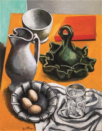 Renato Guttuso (Bagheria 1912 - Roma 1987) OGGETTI SUL TAVOLOolio su tela, cm...
