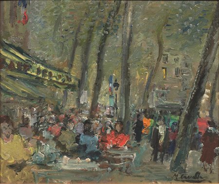 Michele Cascella (Ortona 1892 - Milano 1989) STRADA PARIGINA olio su cartone,...