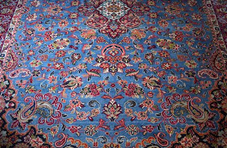 Tappeto persiano campo a giardino nei toni dell¿azzurro, bordura bordeaux cm...