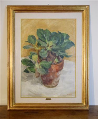 Nelusco Sarti (Firenze, 1922), Vaso con pianta 1975 Olio su faesite cm 70x50,...