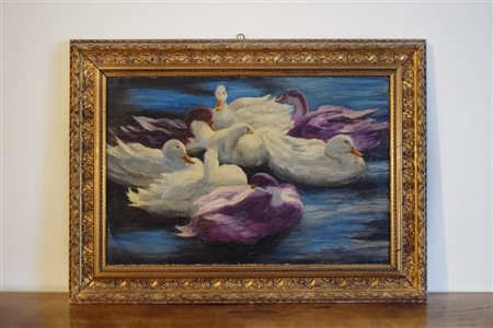 Pittore del XX secolo, firmato Alfred Brenner, Cigni olio su tela cm 51x76,...