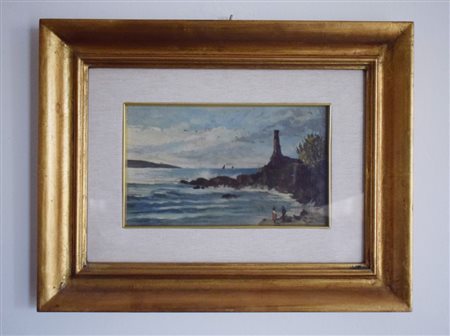 Pittore del XX secolo, Vecchia torre sul mare (Orbetello) olio su tavoletta...