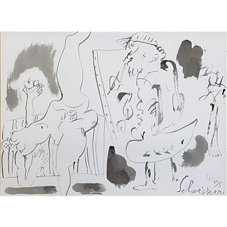 Riccardo Schweizer (1995), Il pittore e la modella, china aquerellata, cm...