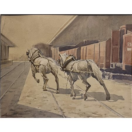 Ernesto Giuliano Armani, Scena con cavalli, acquerello su cartone, cm 38x48....