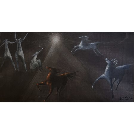 Eraldo Fozzer (1971), Scena di cavalli e danzatrici, pastelli su tavola, cm...