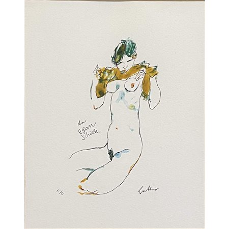 Renato Guttuso, Litografia a colori "Da Egon Schiele". Cm 24x19,5. In cornice...